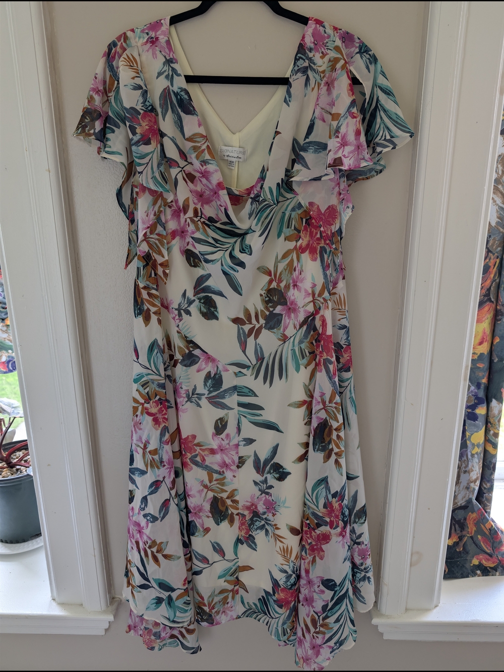 Signature by Robbie Bee Ivory Midi Dress with Pink & Teal Floral